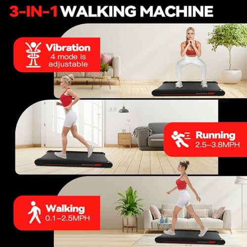 Three modes of a walking machine: vibration, running, and walking, demonstrated by a person indoors.