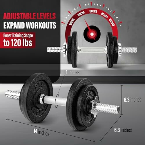 Adjustable dumbbell set with measurements and weight capacity up to 120 lbs.