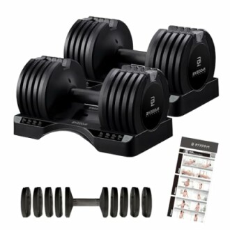 Pair of adjustable dumbbells with weight plates and workout guide.