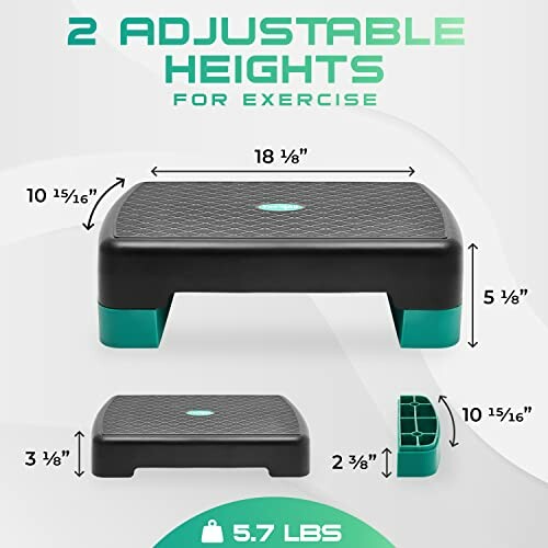 Adjustable exercise step platform with two height settings and weight description.