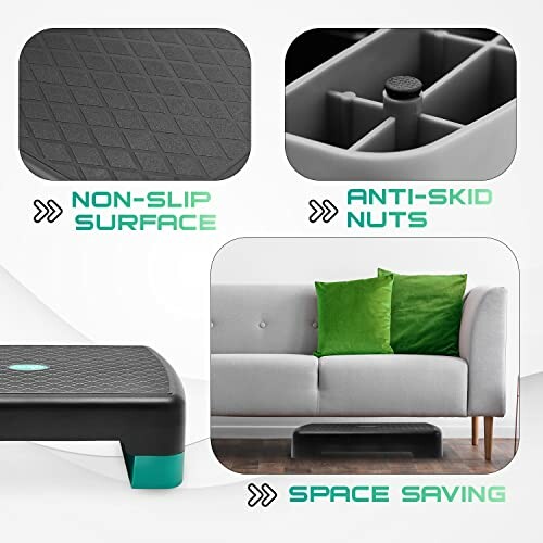 Aerobic step platform features: non-slip surface, anti-skid nuts, space-saving design.