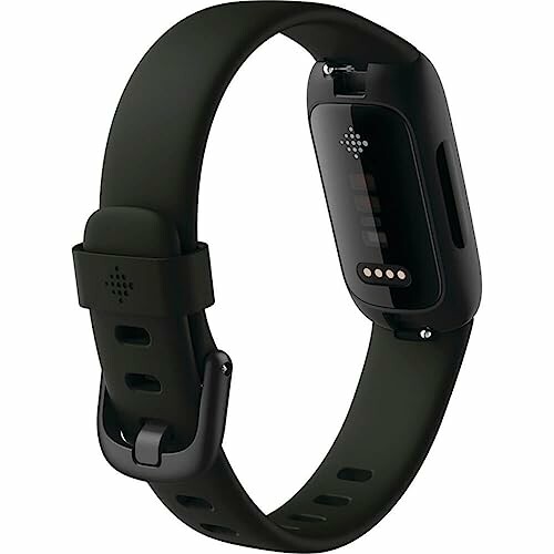 Black fitness tracker with a sleek design and adjustable band.