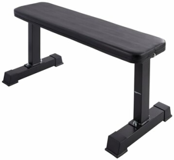 Black flat weight bench with sturdy legs.