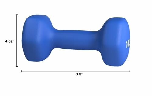 Blue dumbbell with measurements 4.02 inches by 8.6 inches