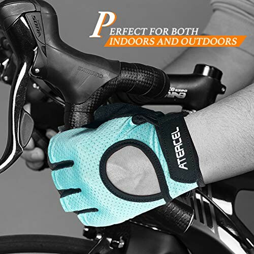 Cycling glove on handlebars with text "Perfect for both indoors and outdoors".