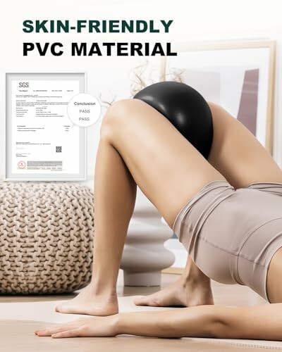 Person exercising with a black PVC ball between legs, SGS certification displayed.