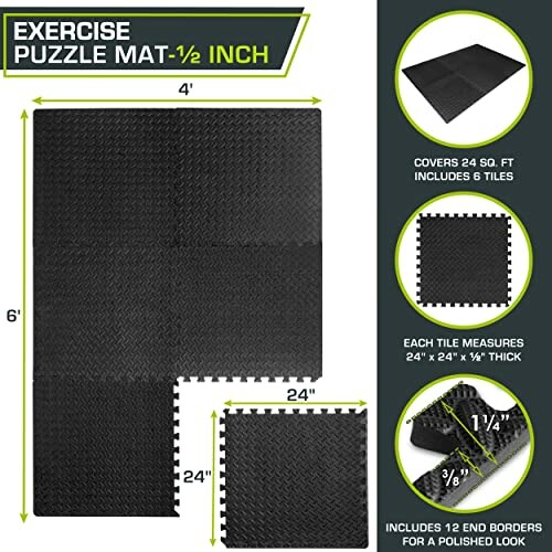 Black exercise puzzle mat details, dimensions, and features.