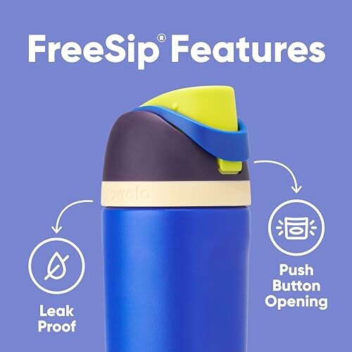 FreeSip water bottle with leak proof and push button opening features.