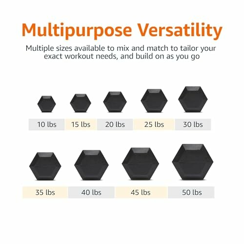 Hex dumbbells weight chart showing various sizes from 10 lbs to 50 lbs.