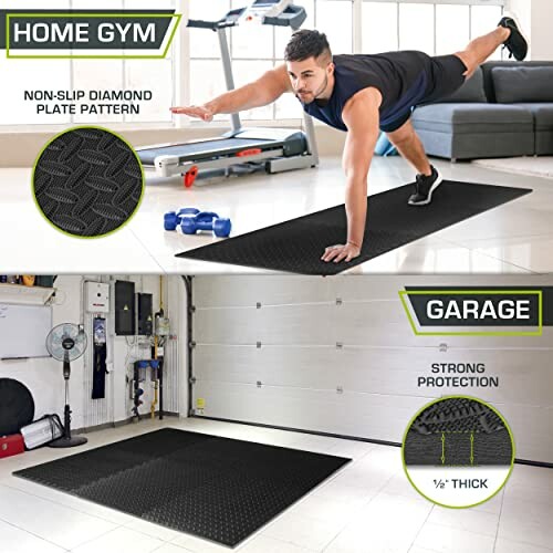 Man exercising on a non-slip diamond plate pattern mat in a home gym and garage setting.