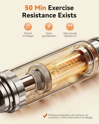 Hydraulic rod showing exercise resistance features with text highlighting oil leakage prevention, gas tightness, and high viscosity.