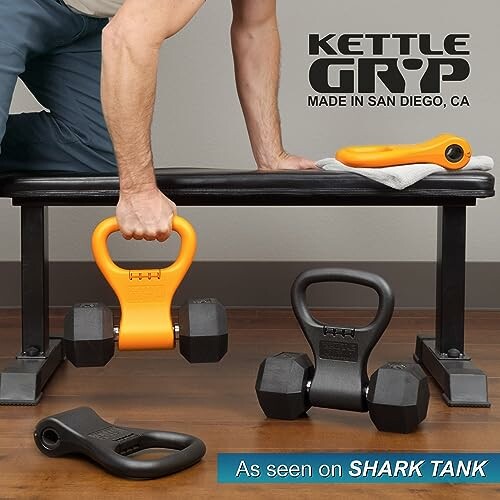Man using Kettle Grip on dumbbell with Shark Tank feature.