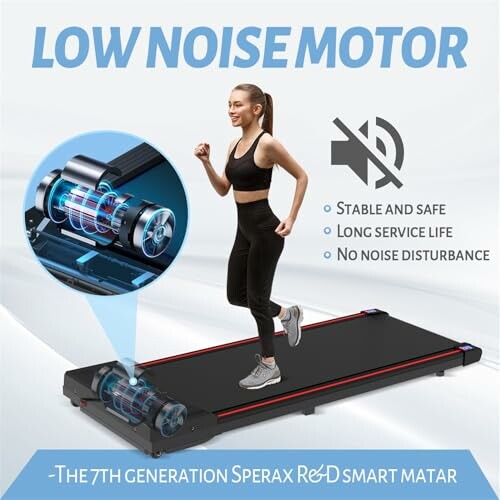 Woman running on treadmill with low noise motor features.