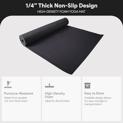Black high-density foam yoga mat with features listed.