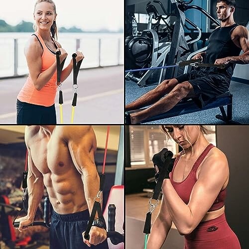 People using resistance bands for various exercises.