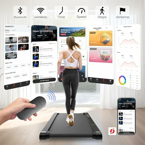 Person using a smart treadmill with various digital features displayed.