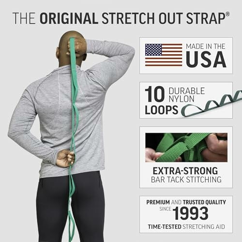 Man using green stretch out strap with product features highlighted.