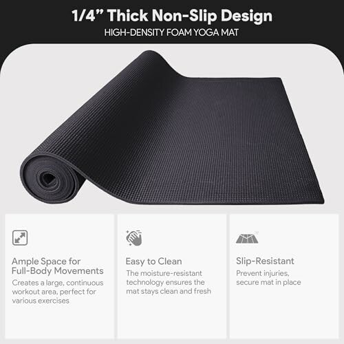 Thick non-slip yoga mat with features: ample space, easy to clean, slip-resistant.