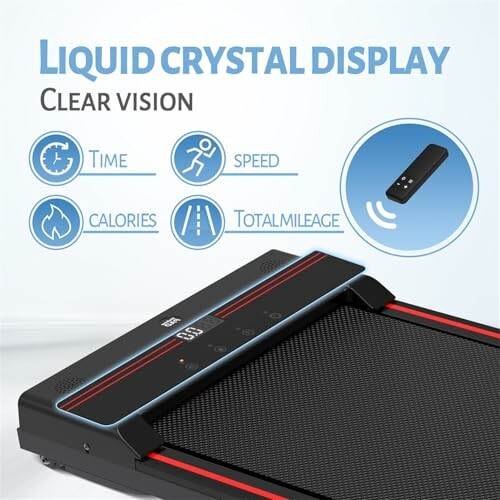 Treadmill display showing time, speed, calories, and total mileage with remote control.
