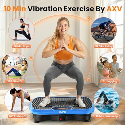 Woman exercising on vibration plate with various workout options.