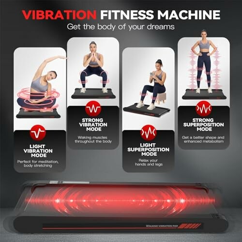 Four modes of a vibration fitness machine shown with illustrations.