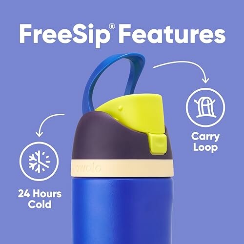 Water bottle with FreeSip features including carry loop and 24 hours cold.