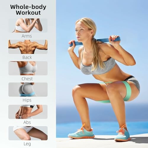 Woman performing a whole-body workout with exercise categories listed.