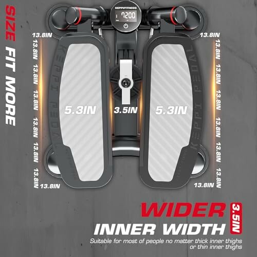 Exercise pedal with 5.3-inch width, suitable for various thigh sizes.