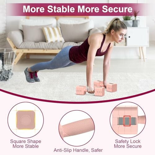 Woman performing plank exercise with dumbbells in a living room.
