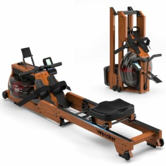 Wooden water rowing machine with digital display in two positions.